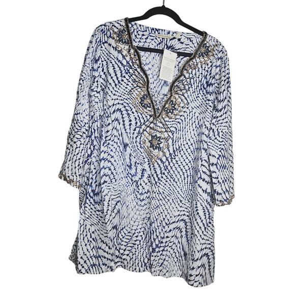 NEW Soft Surroundings XL South Beach Tunic Blue Beaded Coastal Tunic Boho - Picture 1 of 4
